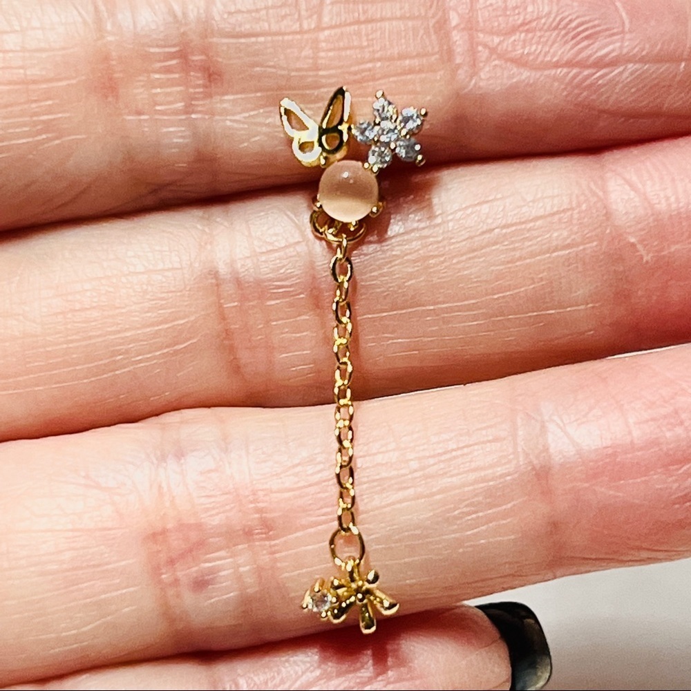 Pink Crystal Ball Floral Garden Butterfly Gold Pierced Drop Chain Earrings 2pc - Picture 3 of 10